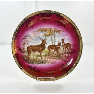 Vintage ST Bavaria Germany Deer Stag Cabinet Plate Maroon Gold Gilt 11.5 Display